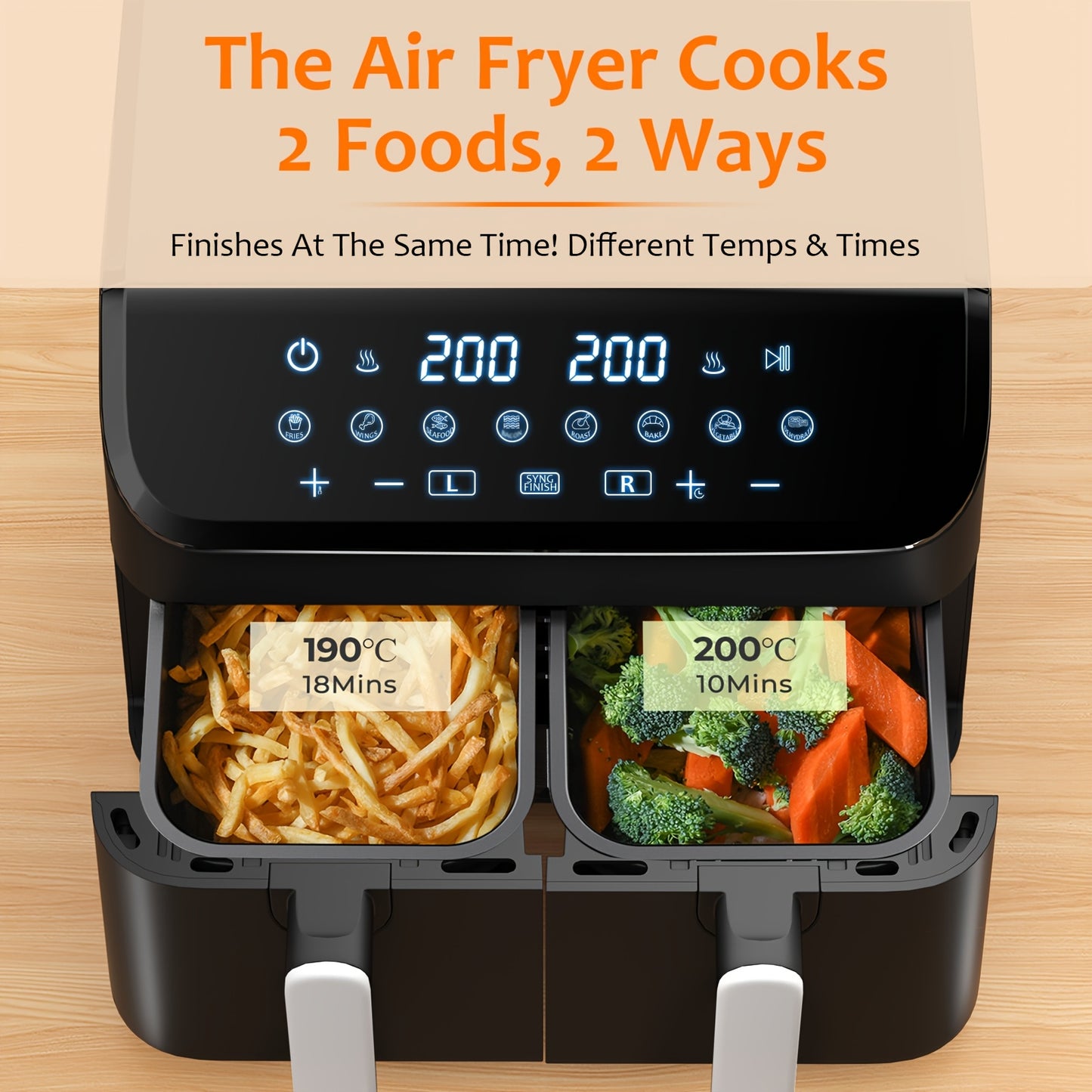 Airfryer – Heteluchtfriteuse – Fryer – Dubbele Airfryer – Luchtfriteuse – 9 Liter – 8-in-1 Instellingen – Touchscreen Bediening