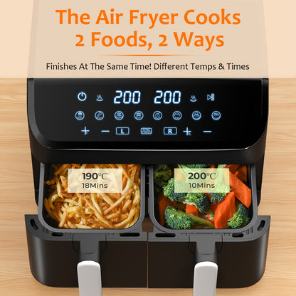 Airfryer – Heteluchtfriteuse – Fryer – Dubbele Airfryer – Luchtfriteuse – 9 Liter – 8-in-1 Instellingen – Touchscreen Bediening