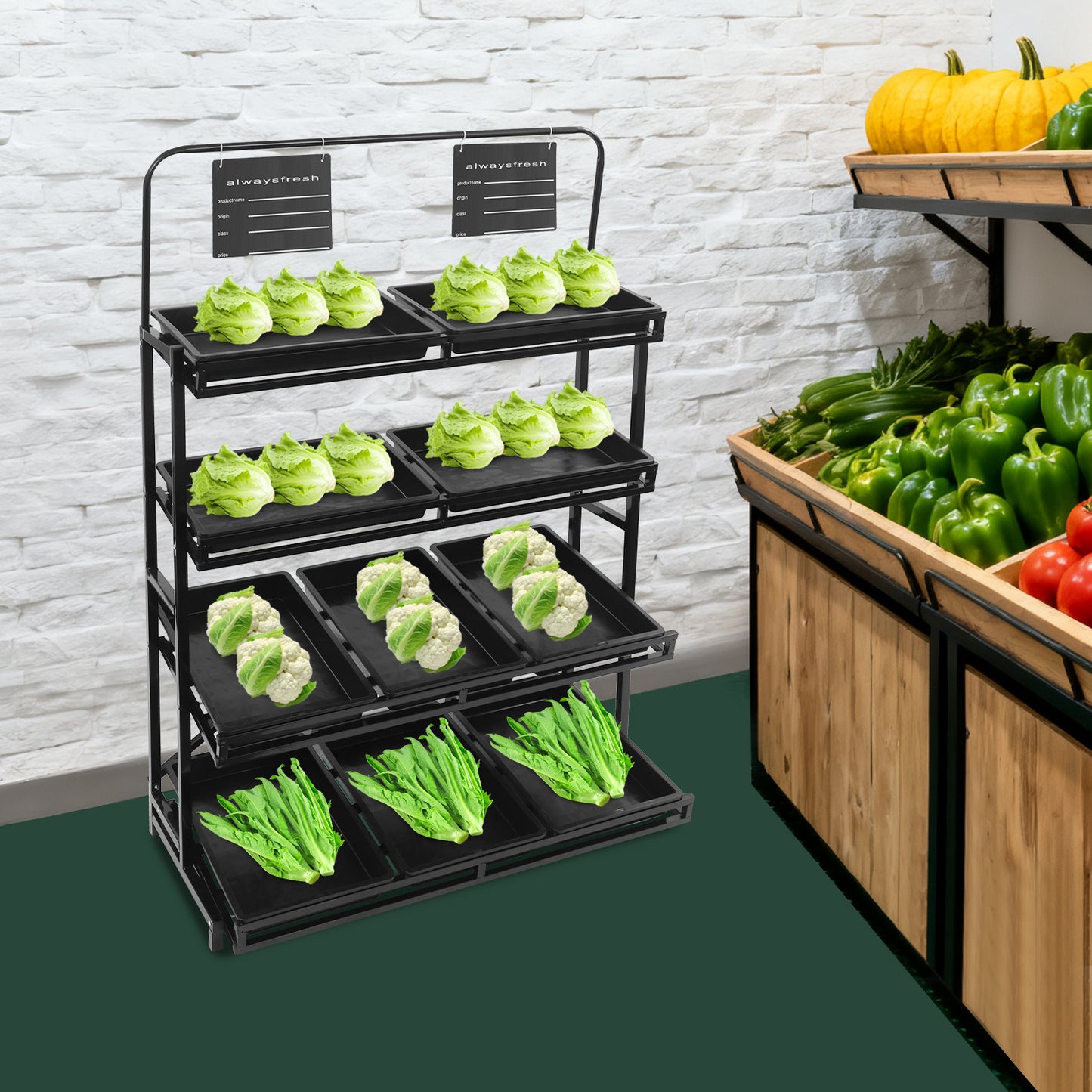 Winkelstandaard – Vloerdisplay – Productrek – Verkoopdisplay – Mandjesrek – 10 Mandjes – Draagkracht 100 kg – Zwart Gecoat IJzer