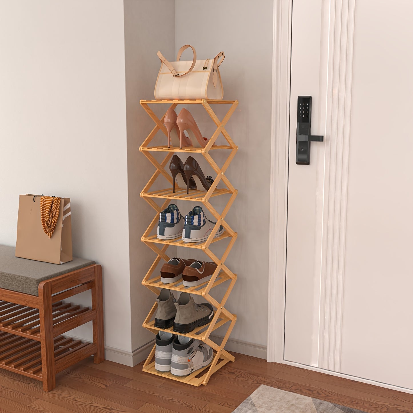 Schoenenkast – Schoenenrek – Schoenenopberger – Schoenenrekje – Hal Organizer – 7 Lagen – Opvouwbaar – Bamboe & Kunstboard – Smal & Vrijstaand – 25x25x125 cm