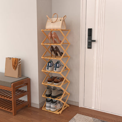 Schoenenkast – Schoenenrek – Schoenenopberger – Schoenenrekje – Hal Organizer – 7 Lagen – Opvouwbaar – Bamboe & Kunstboard – Smal & Vrijstaand – 25x25x125 cm