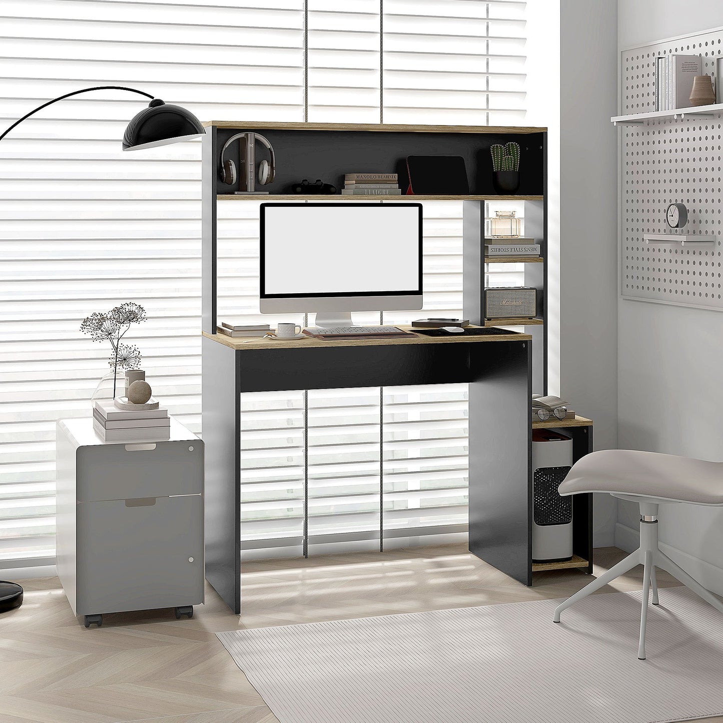 Bureau – Computertafel – Werktafel – Schrijftafel – Bureau met Opbergruimte – Compact Ontwerp – Stevig Metaal en Hout – Grijs – 114x45x138 cm – Speciaal CPU Vak