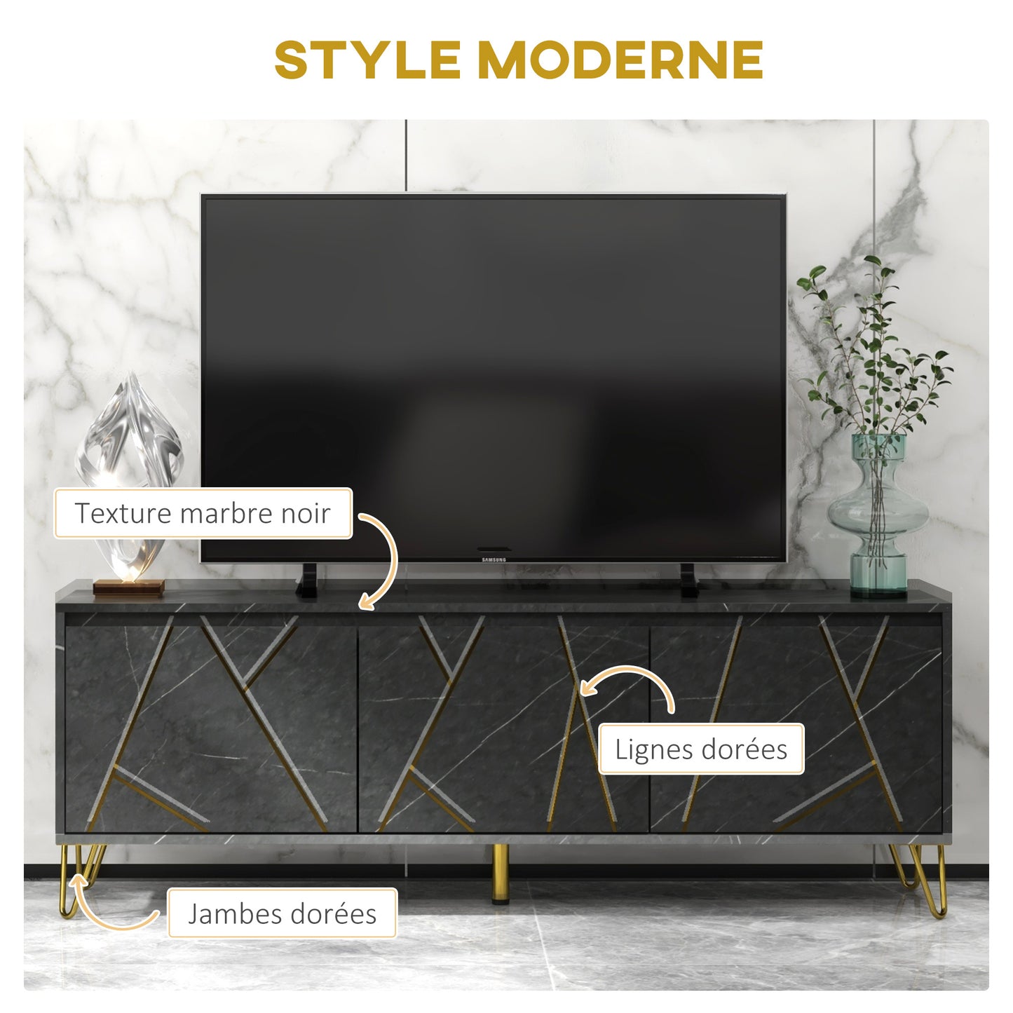 TV Meubel – TV Kast – TV Dressoir – TV Bank – Tv Meubel Metaal – 147 cm – Marmer Effect – Softclose Deuren – Kabelmanagement