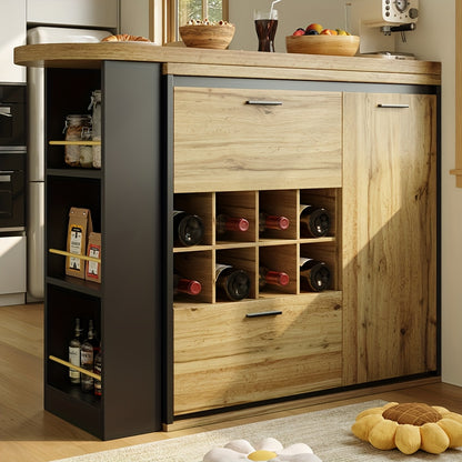 Eettafel – Keukentafel – Tafel – Uitschuifbare Tafel – Bar tafel – Verstelbaar tot 220 cm – Rattan met Opbergruimte en Wijnrek
