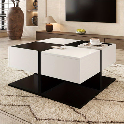 Modern Black & White Metal Coffee Table with 2-Drawer Storage - Large Square Living Room Center Table with Smooth Sliding Drawers, High-Gloss Finish, Easy Assembly, Space-Saving Design for Home & Office, 70x70x35.5cm, Durable