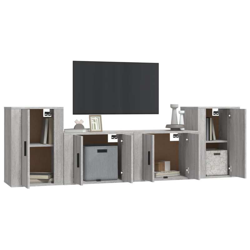 4pcs Modern Minimalist TV Stand Set with Wall-Mounted Storage - Gray Sonoma Wood Media Console, Space-Saving Design with Open & Closed Cabinets, Engineered Wood Construction, Easy Assembly, 27-Inch Height, Ample Storage for L