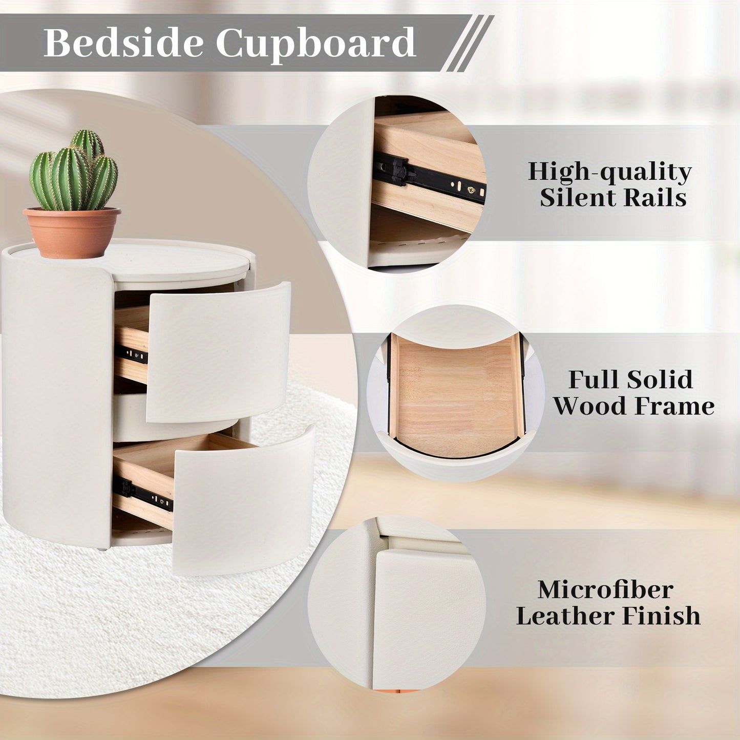 Ronde Nachtkast – Nachtkastje – Bedside Table – Dressoir – Bijzettafel – Oranje Zadelleren Bovenblad – Massief Hout – 2 Laden – Compact 45x45x50 cm