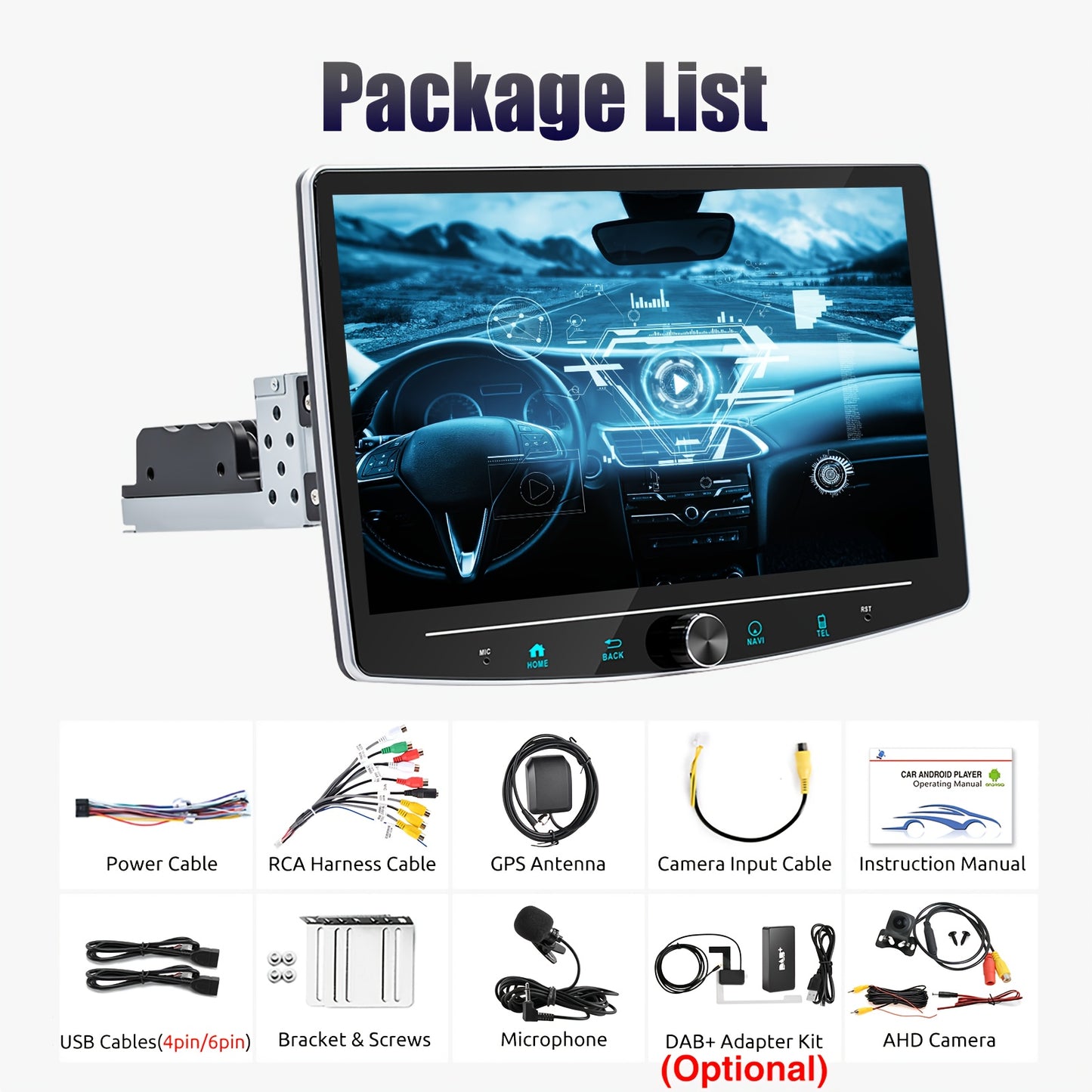 Autoradio – Car Stereo – Inbouwradio – Multimedia Speler – 1 DIN Radio – Android 14.0 – 10,1 Inch HD IPS Touchscreen – Draaibaar Display – 4GB+64GB – AHD Camera – Microfoon – DAB+ Adapter – GPS Navigatie – Wifi & Bluetooth
