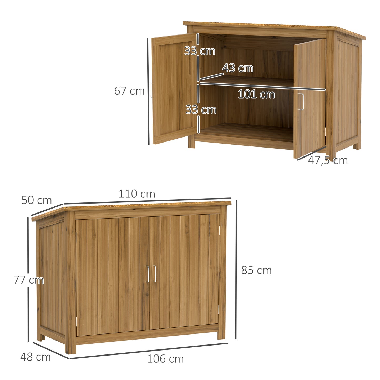 Outsunny Wooden Garden Shed with Slanted Roof, 2 Shelves & 2 Doors, Weather-Resistant Tool Cabinet, 110 x 50 x 85 cm, Brown