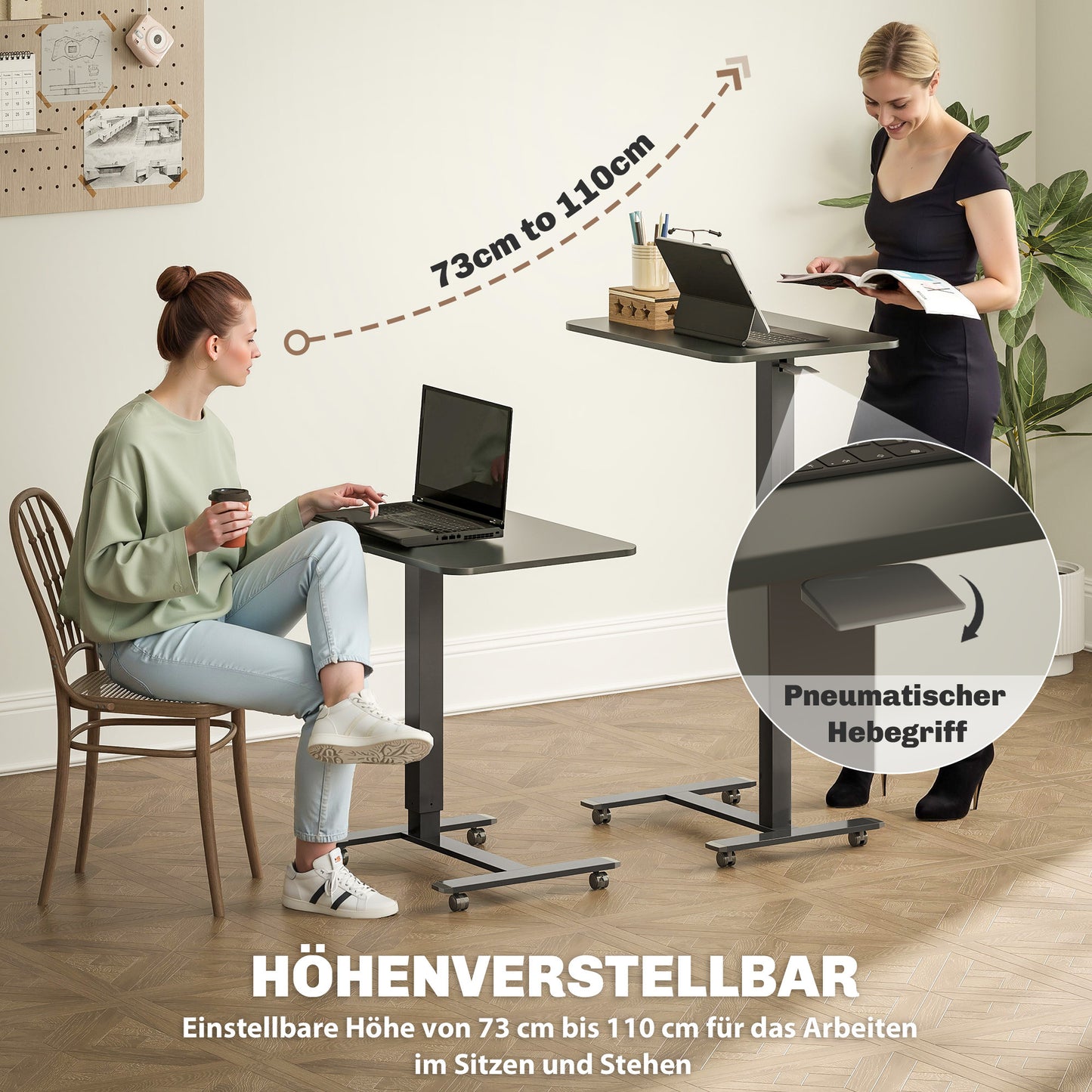 Zitsta bureau – Zit-stand bureau – Sta bureau – Verstelbaar bureau – Elektrisch bureau – C-vormig design – Handmatig verstelbaar 70-110 cm – Met wieltjes en rem