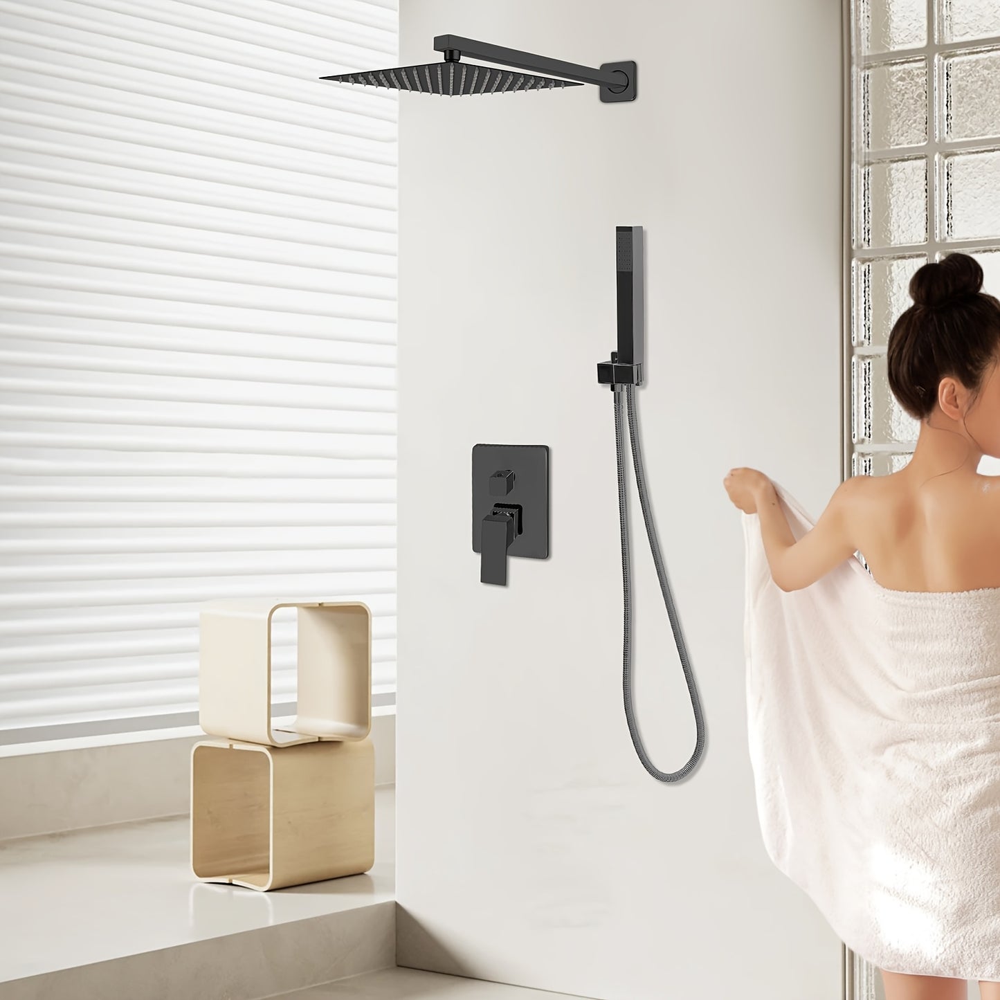 Doucheset – Regendouche – Handdouche – Douchekraan – Douchegarnituur – Messing – Mat Zwart – 25x25 cm – Waterbesparend