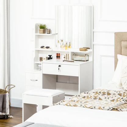 Kaptafel – Make-uptafel – Schminktafel – Dressing Table – Make-up Tafel – Grote Spiegel – 4 Laden & Opbergruimte – Anti-Kantel Design – Inclusief Gestoffeerde Kruk