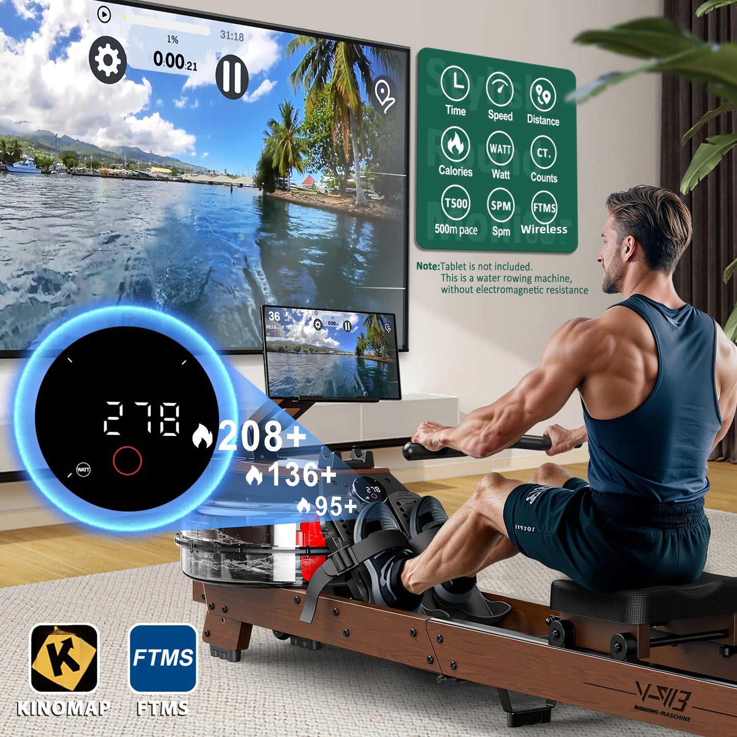 Roeimachine – Waterroeier – Fitnessroeier – Homegym Roeimachine – Indoor Roeitrainer – Massief Eikenhout – Inklapbaar & Waterweerstand – Geschikt Voor 1,2m Tot 2m & Max 175 kg