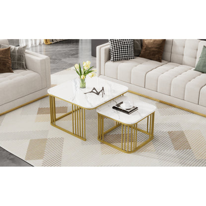 Salontafel – Bijzettafel – Woonkamertafel – Koffietafel – Nesting Tables – Hoogglans Marmerlook – Gouden Metalen Poten – Set van 2 – 70x70x45 cm & 50x50x36,5 cm