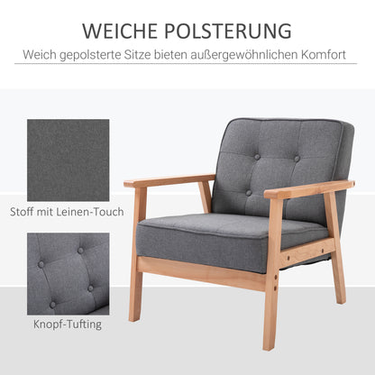 Loungestoel – Fauteuil – Zetel – Relaxstoel – Armstoel – Massief Beukenhouten Frame – Comfortabele Grijze Linnen Bekleding – 64,5x70x74 cm