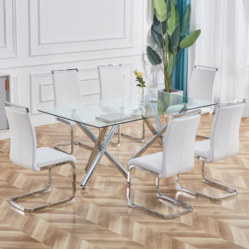 Bar stool, free-swinging chair, chrome-plated metal frame, weight capacity 120kg, padded seat, faux leather upholstery, white (set of 4)