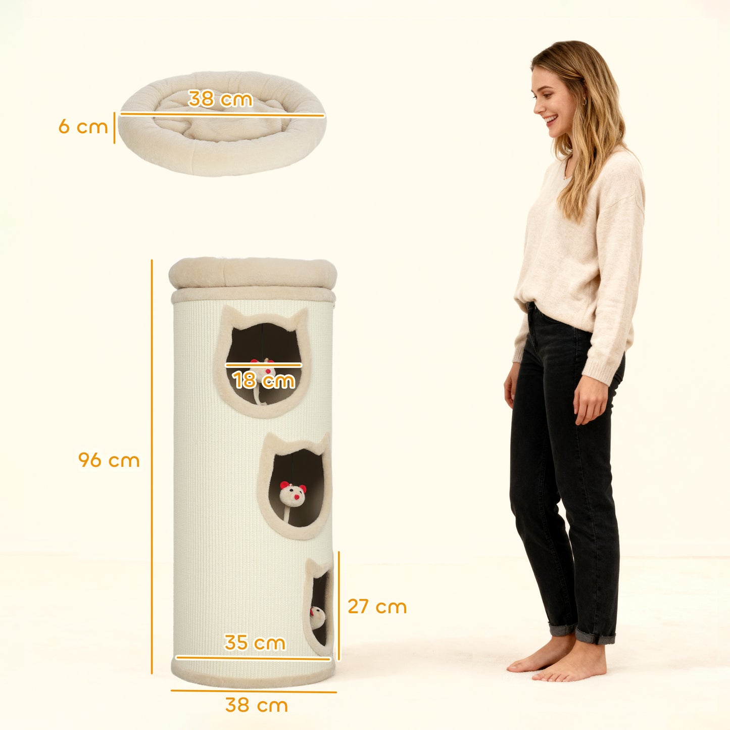 Krabpaal voor Katten – Krabboom – Kattenpaal – Kattenmeubel – Krabtoren – 4 Niveaus met Wasbaar Bed – 3 Slaapholletjes – Grijs – 96 cm – Voor Meerdere Katten