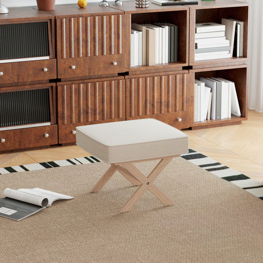 Voetenbank – Poef – Hocker – Zitbankje – Voetensteun – Comfortabel Zacht Zitvlak – Stevige Rubberwood Poten – Beige