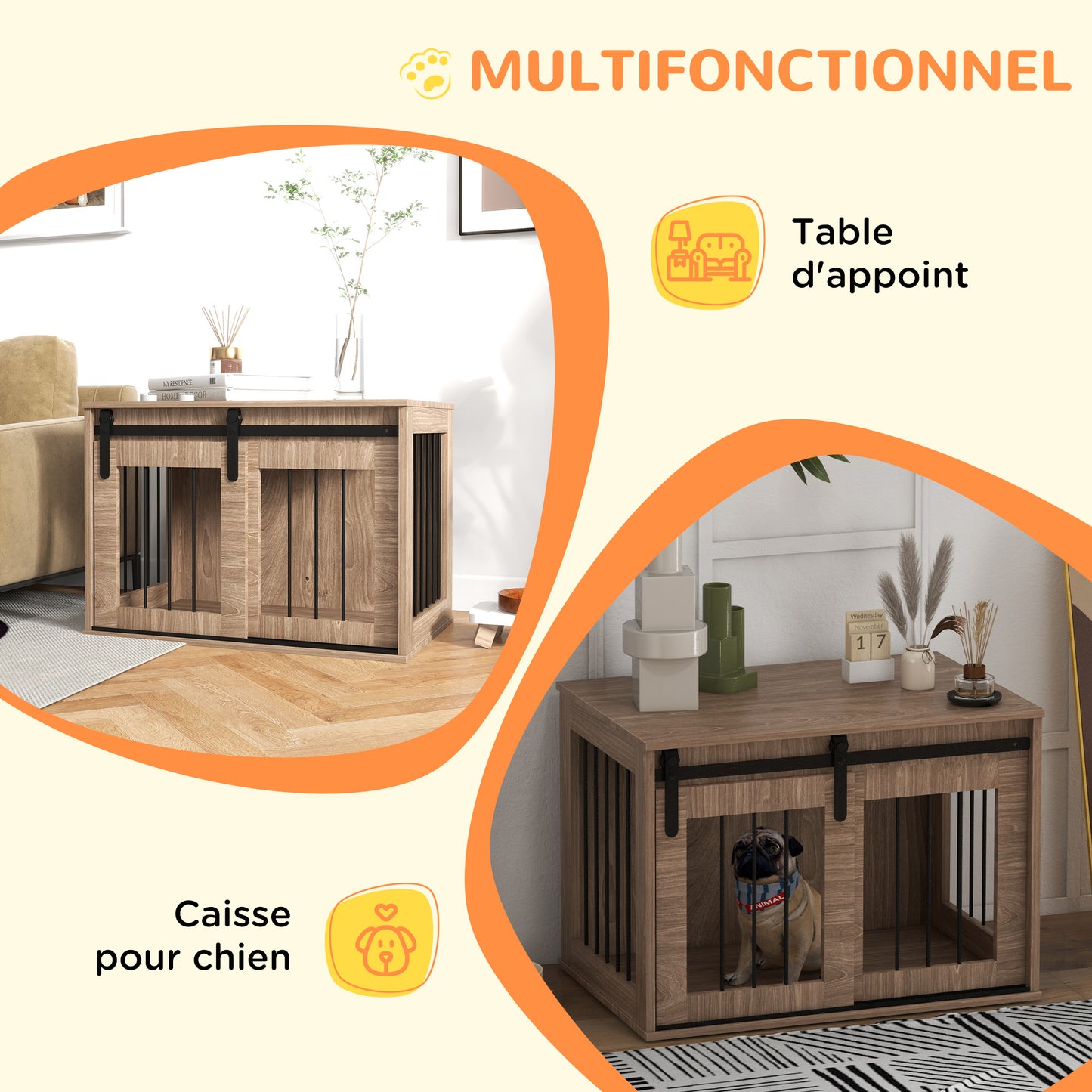 Hondenbench – Hondenkooi – Hondenkrat – Hondenhok – Reisbench – Opvouwbaar – Metaal met Houtlook – 57x80x54 cm – 2 Deuren