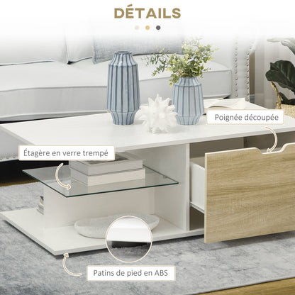 Salontafel – Koffietafel – Bijzettafel – Tafel – Woonkamertafel – Wit Met Eikenlook – 106x58x39 cm – 2 Lades En Glazen Legplank