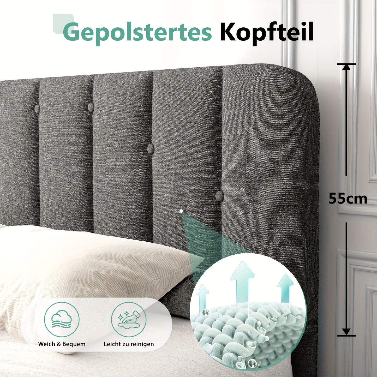 Tweepersoonsbed – Gestoffeerd Bed – Bed met Hoofdbord – Dubbelbed – Bedframe – 140 x 200 cm – Inclusief Lattenbodem en Opbergruimte