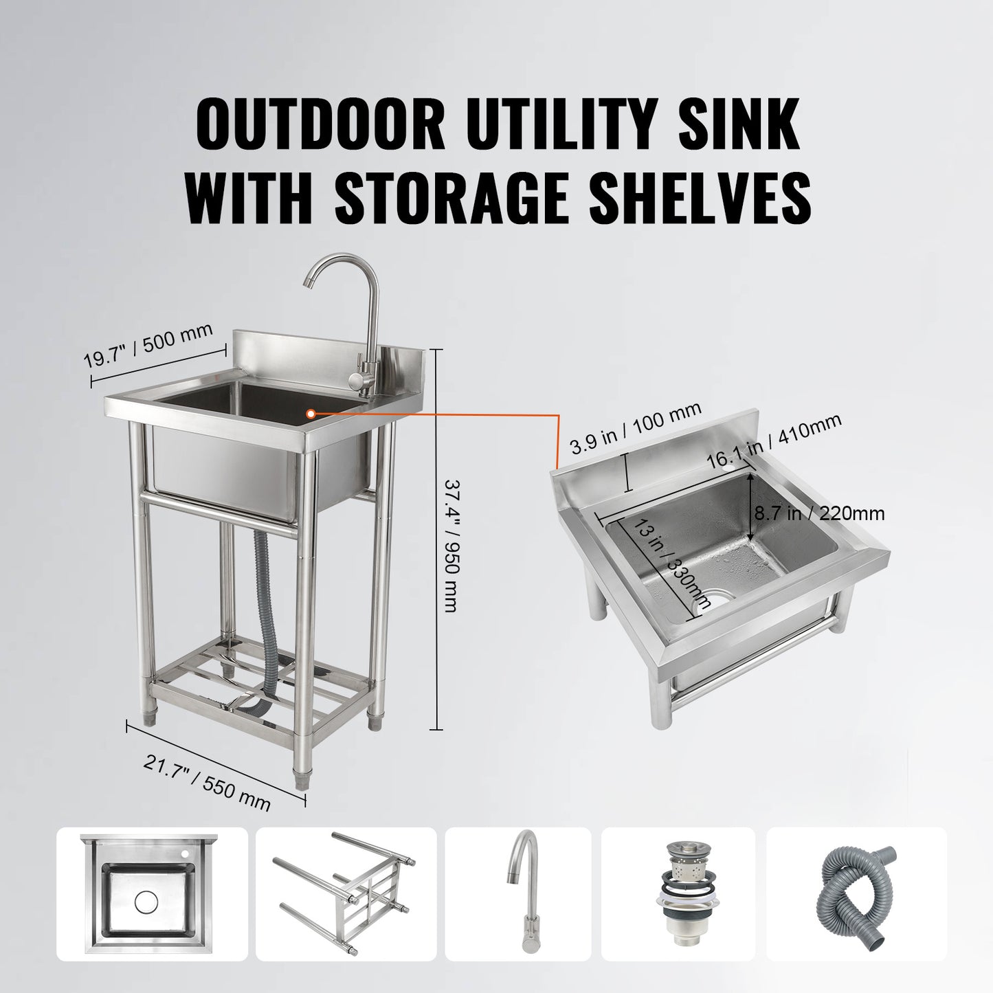 Utility Spoelbak – RVS Spoelbak – Inbouw Spoelbak – Werkplaats Wastafel – Keukenbak – Compact Formaat 40x33x22 cm – Inclusief Kraan en Onderstel