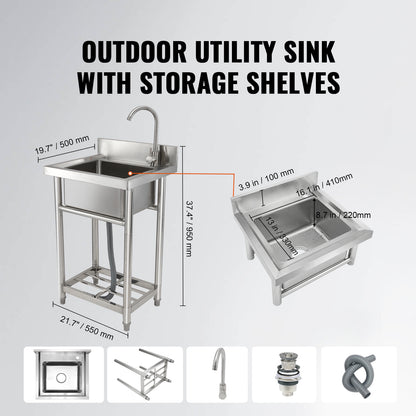 Utility Spoelbak – RVS Spoelbak – Inbouw Spoelbak – Werkplaats Wastafel – Keukenbak – Compact Formaat 40x33x22 cm – Inclusief Kraan en Onderstel