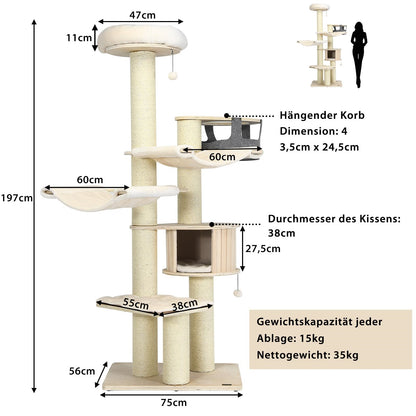 Krabpaal – Kattenkrabpaal – Kattenboom – Kattenhuis – Krabmeubel – 7 Niveaus – 197 cm Hoog – Inclusief Hangmat, Grot en Speelballen – Beige – Massief Hout & Sisal Bekleding