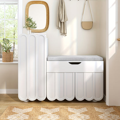 Modern 3-Door White Metal Shoe Cabinet with Drawers & Seat - Space-Saving Entryway Storage, 3.2+ Cubic Feet Capacity, 68.58cm Height - Stylish Bench for Hallways, Entrances & Closets, Shoe Storage Cabinet, Contemporary Furnit