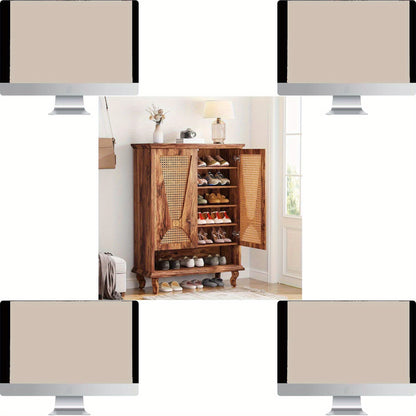 Rattan Schoenenkast – Schoenenrek – Schoenopberger – Schoenenkast – Schoenenplank – Grote 25-Paar Capaciteit – Verstelbare Planken & Ventilerende Deuren – Houtlook