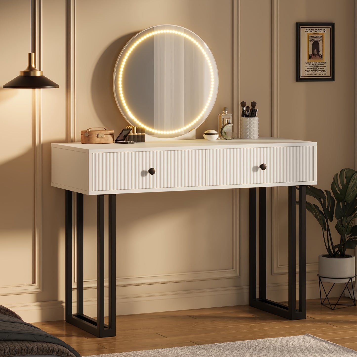 Kaptafel Wit – Make-up Tafel – Schminktisch – Dressingtafel – Toilette – Compact Ontwerp – 2 Ruime Lades – 69 cm Hoogte – Direct Gebruiksklaar – Glamour Stijl