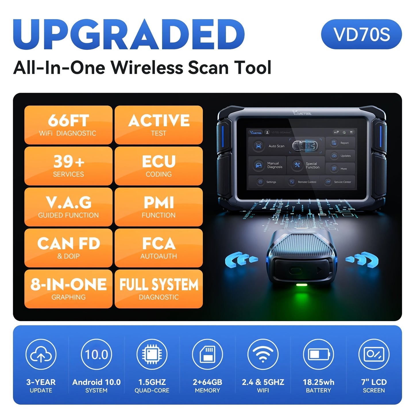 VDIAGTOOL VD70S Car Diagnostic Tools Wireless Automotive Scanner with ECU Coding PMI FCA VAG DOIP 36+ Resets, All System Automotive Scanner Bi-Directional Control ECU Online Code Built in CAN FD DOIP,  Vehicle Diagnostics, Co