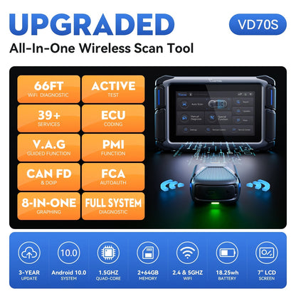 VDIAGTOOL VD70S Car Diagnostic Tools Wireless Automotive Scanner with ECU Coding PMI FCA VAG DOIP 36+ Resets, All System Automotive Scanner Bi-Directional Control ECU Online Code Built in CAN FD DOIP,  Vehicle Diagnostics, Co