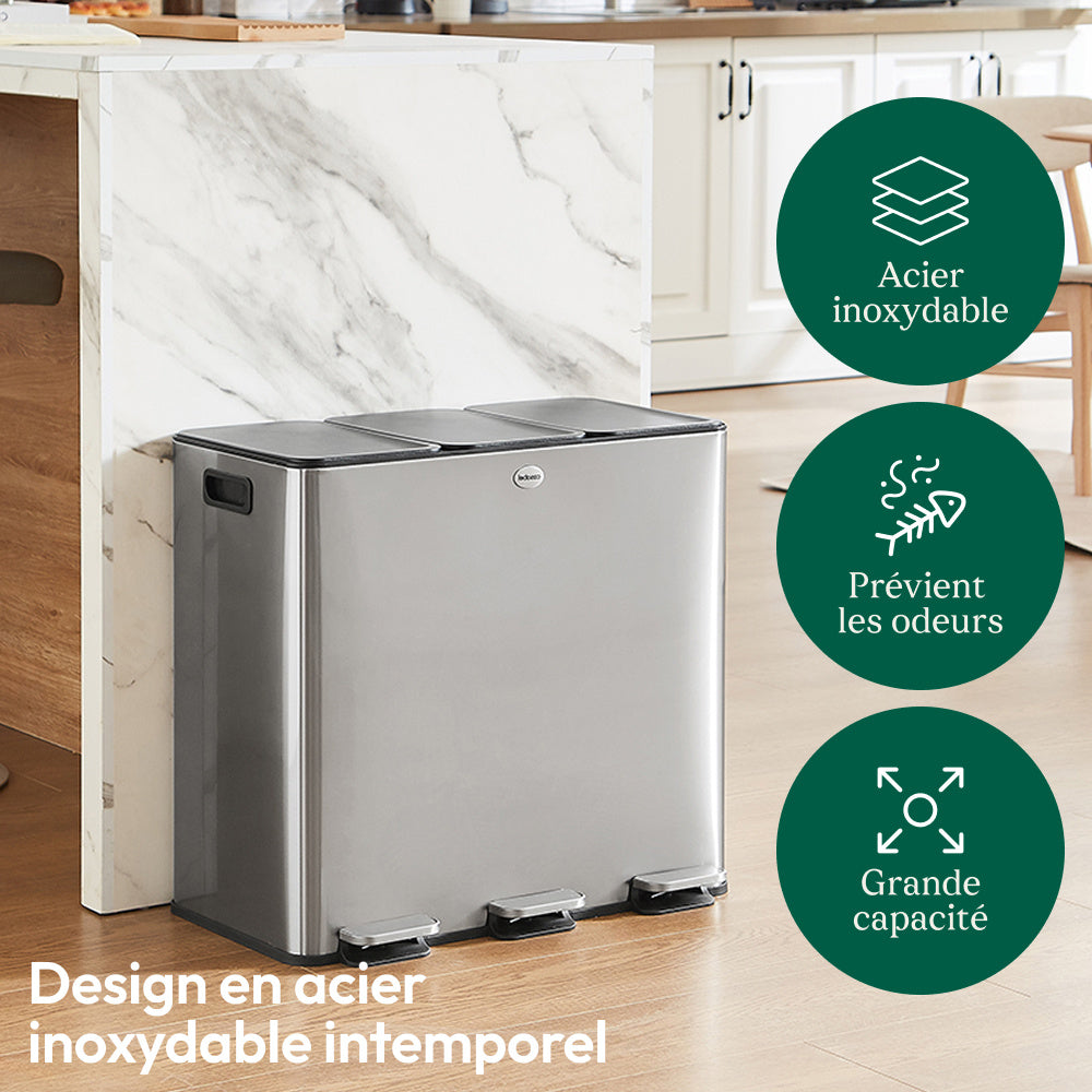 Drievoudige Prullenbak – Afvalbak – Recyclingbak – Selectiebak – Keukenbak – RVS Geborsteld – 3x20L Compartimenten – Voetbediening & Anti-Vingerafdruk Coating