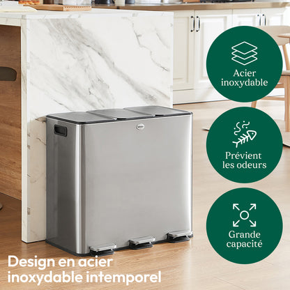 Drievoudige Prullenbak – Afvalbak – Recyclingbak – Selectiebak – Keukenbak – RVS Geborsteld – 3x20L Compartimenten – Voetbediening & Anti-Vingerafdruk Coating
