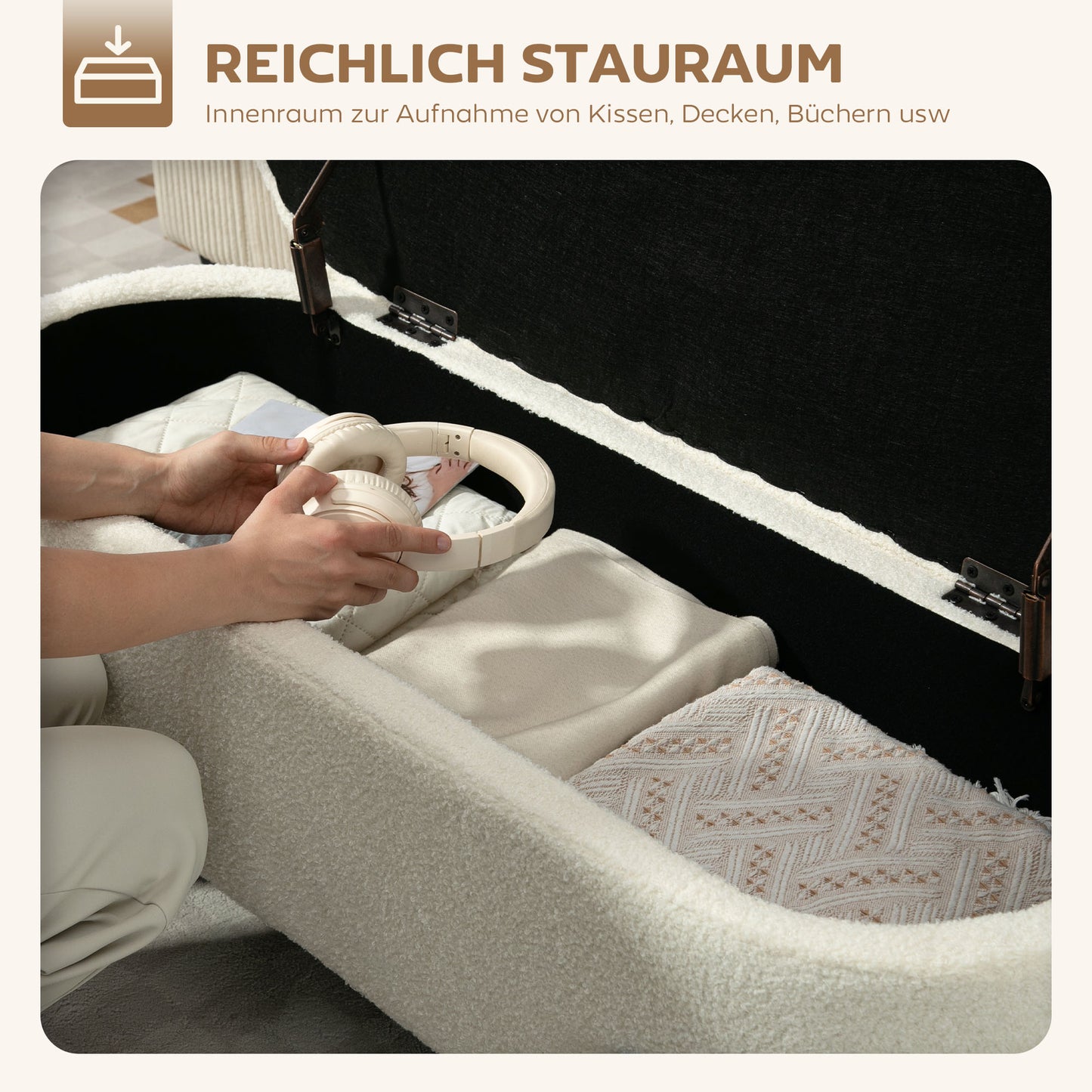 Opbergkruk – Opbergbox – Zitkruk – Opbergstoel – Opberghocker – Crème Wit – Stevige Stalen Poot – Zacht Fleece Bekleed