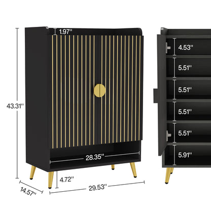 7-laags Schoenenkast – Schoenenrek – Schoenopberger – Schoenentoren – Schoenenkast met Deuren – Verstelbare Planken – Zwart MDF – Ruimtebesparend Vertical Design