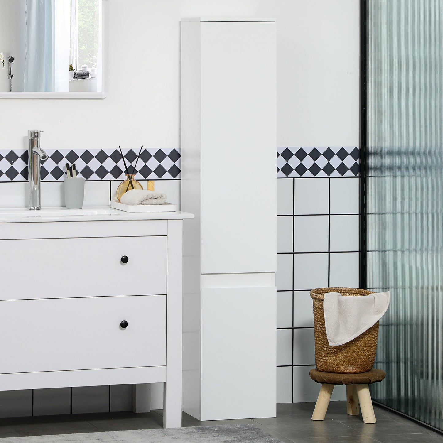 Badkameropbergkast – Badkamerkast – Opbergmeubel – Toiletkast – Kolomkast – Wit – 2 Deuren – 3 Verstelbare Planken – Compact 30x28x152,5 cm – MDF & Hout