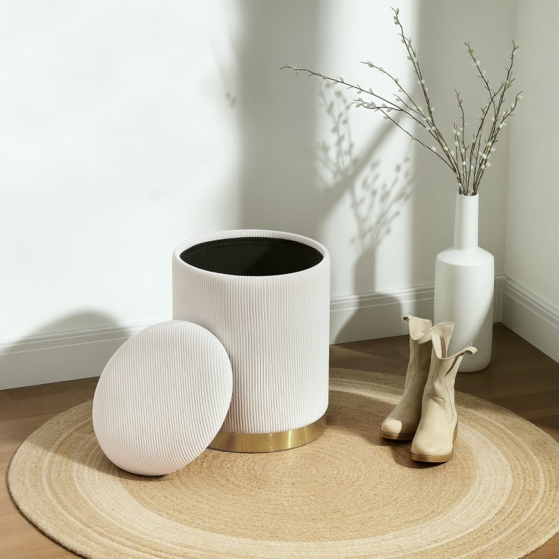 Poef – Opbergpoef – Hocker – Zitpoef – Voetenbankje – Crèmewit Corduroy – 30,6 L Opbergruimte – MDF Frame & Stalen Basis