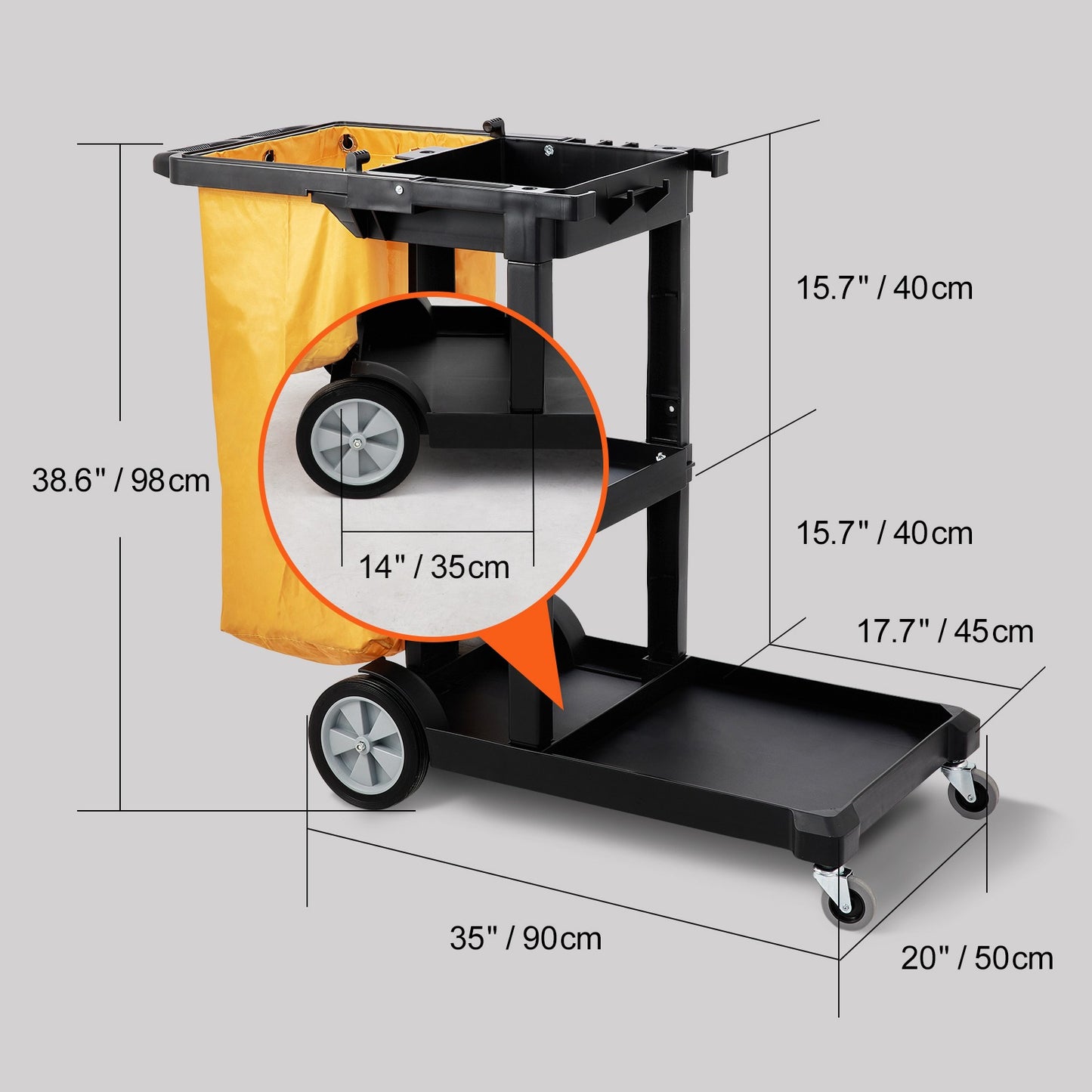 Schoonmaakwagen – Schoonmaaktrolley – Mopwagen – Schoonmaakkar – Dweilwagen – 3-laags met 95L duurzame PVC afvalzak – Hoogwaardig PP materiaal tot 90 kg draagvermogen