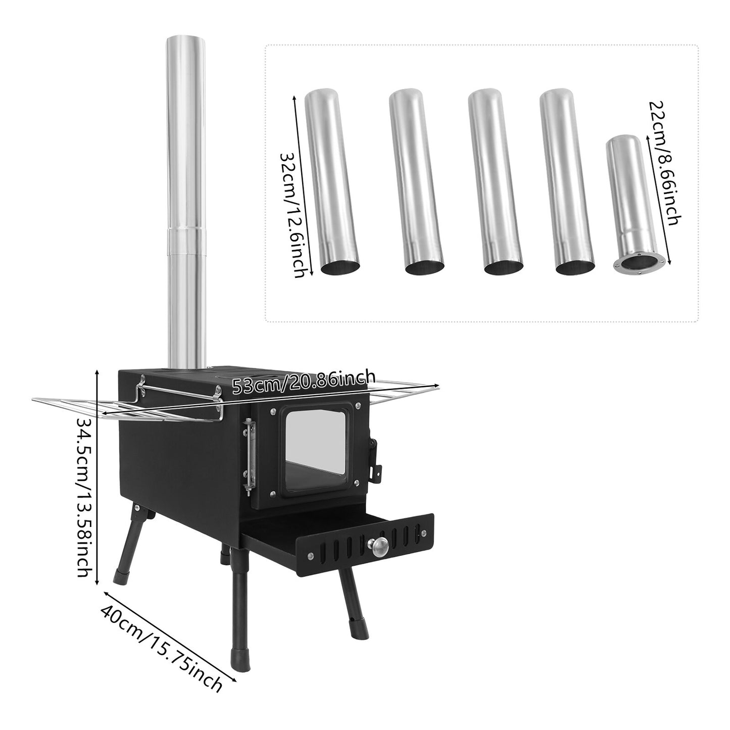 Portable Tent Stove, Featuring a 4.4-foot Chimney System and 201 Stainless Steel Wood-burning Stove, Ideal for Camping and Outdoor Cooking, Complete with Foldable Stand.