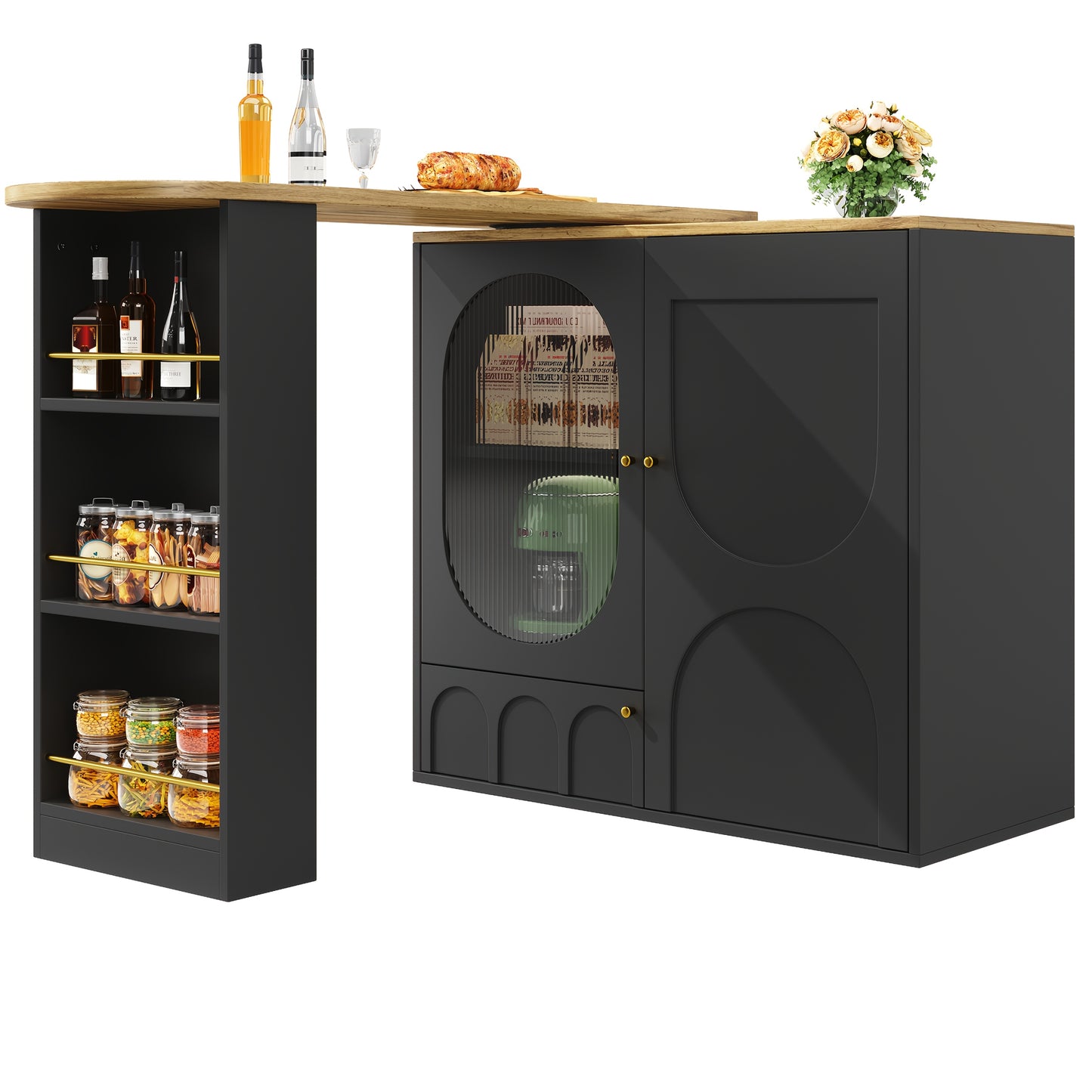 360° Rotating Bar Table, High Table (body 138 X 39 X 102cm), Coffee Bar Furniture, Rotating Dining Table with Storage Space, Kitchen Island, Three Doors with Door Frames, Removable Dividers, White/ Black, Spacesaving Furnitu