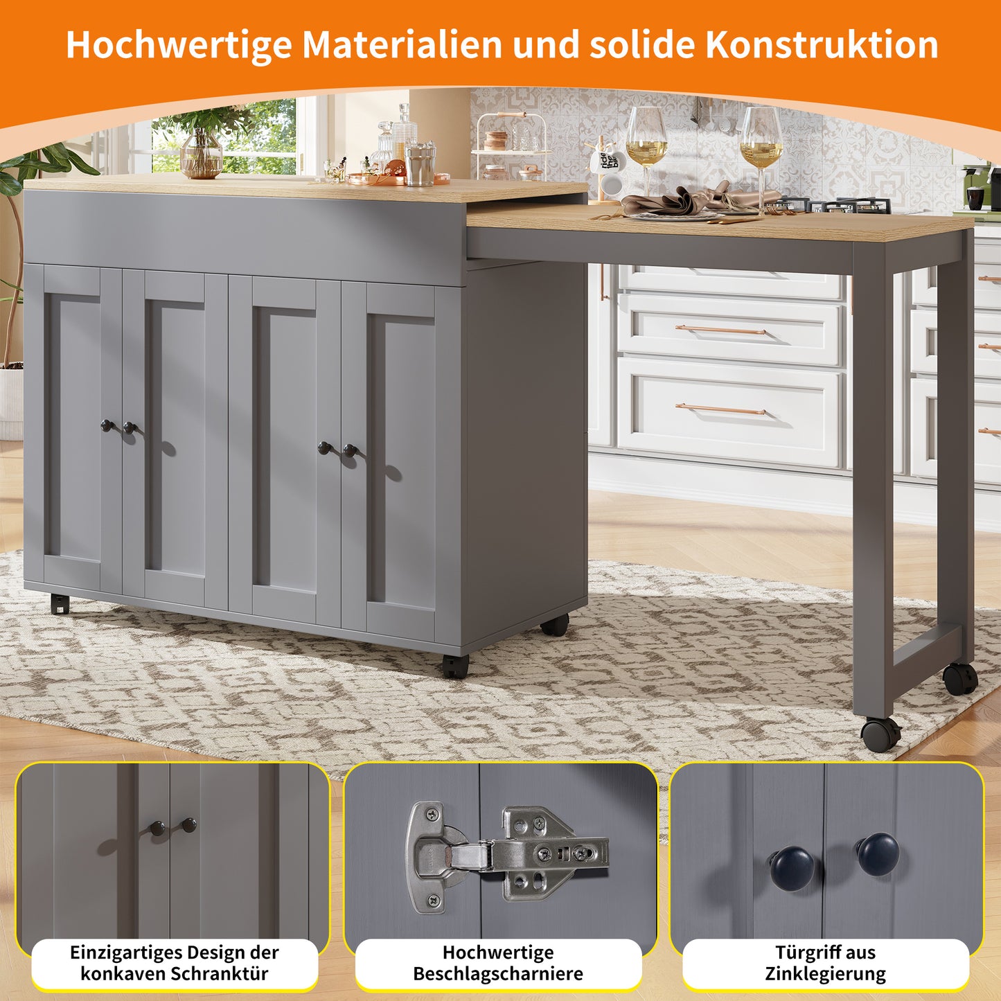 Uitschuifbare Bartafel – Bar Tafel – Eettafel – Keukentafel – Sta Tafel – Met 6 Opbergvakken – Houten Look Tafelblad – 118-180x50x94 cm – Grijs