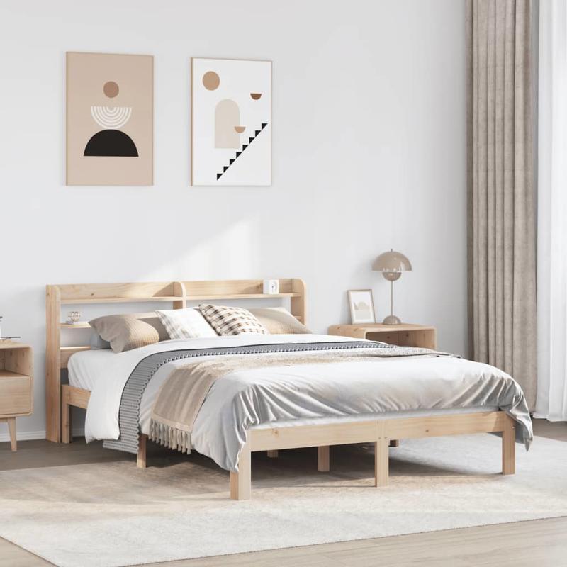Solid Wood Bed Frame with Headboard - 160x200cm Removable & Durable Headboard, Contemporary Style, No Assembly Required, Easy-Clean Surface for Smooth Bedding Storage, Bedroom Furniture, Modern Bedroom Decor, Natural Wood Fin