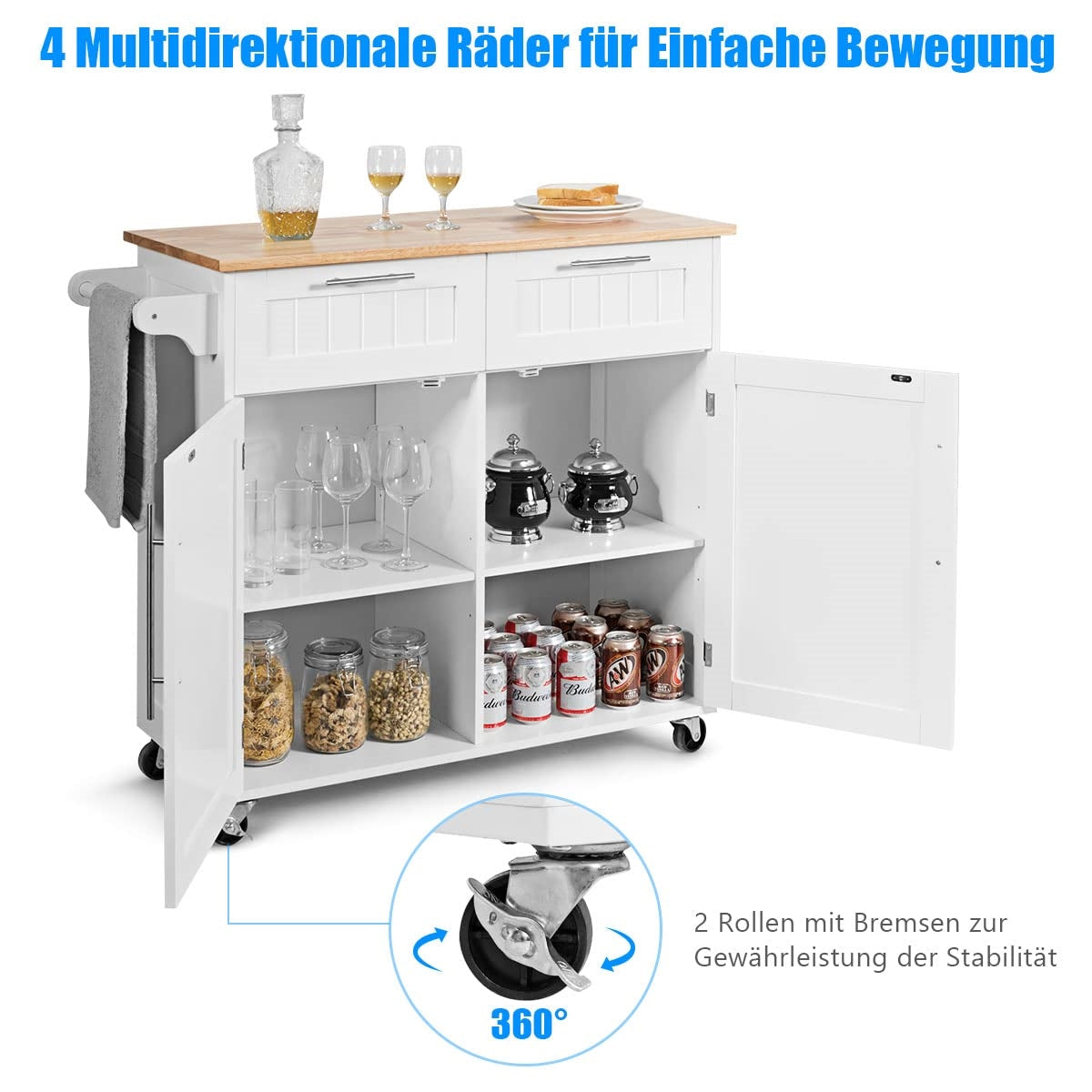 Keukeneiland – Keukenwagen – Serveerwagen – Werktafel – Keukentrolley – Met Handdoekhouder – 2 Laden & 2 Deuren – Witte Rubberwood Constructie