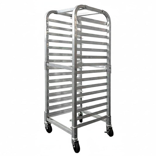 15 Tier Mobile Aluminum Bun Pan Rack with 4 Lockable Wheels | Compact and Space Saving Cooling Storage for Bakery, Kitchen, and Restaurant, 38.1cm W x 43.18cm D x 101.6cm H, Freestanding