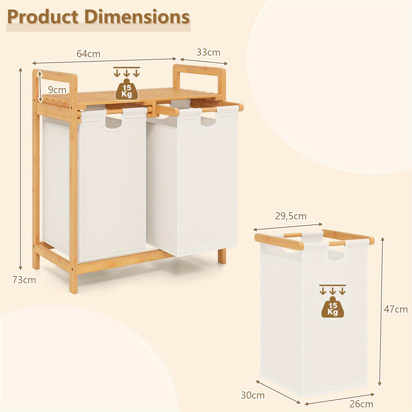 Wasmand – Wasbak – Wasmand Met Vak – Wascontainer – Waskrat – 3 Compartimenten – Bamboe Met Plank – Afneembare Waszakken