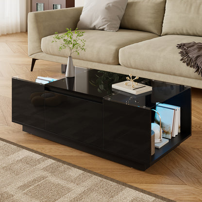 Salontafel – Woonkamer Tafel – Koffietafel – Bijzettafel – Loungetafel – Modern Minimalistisch Design – Zwart Glazen Blad Met 2 Lades