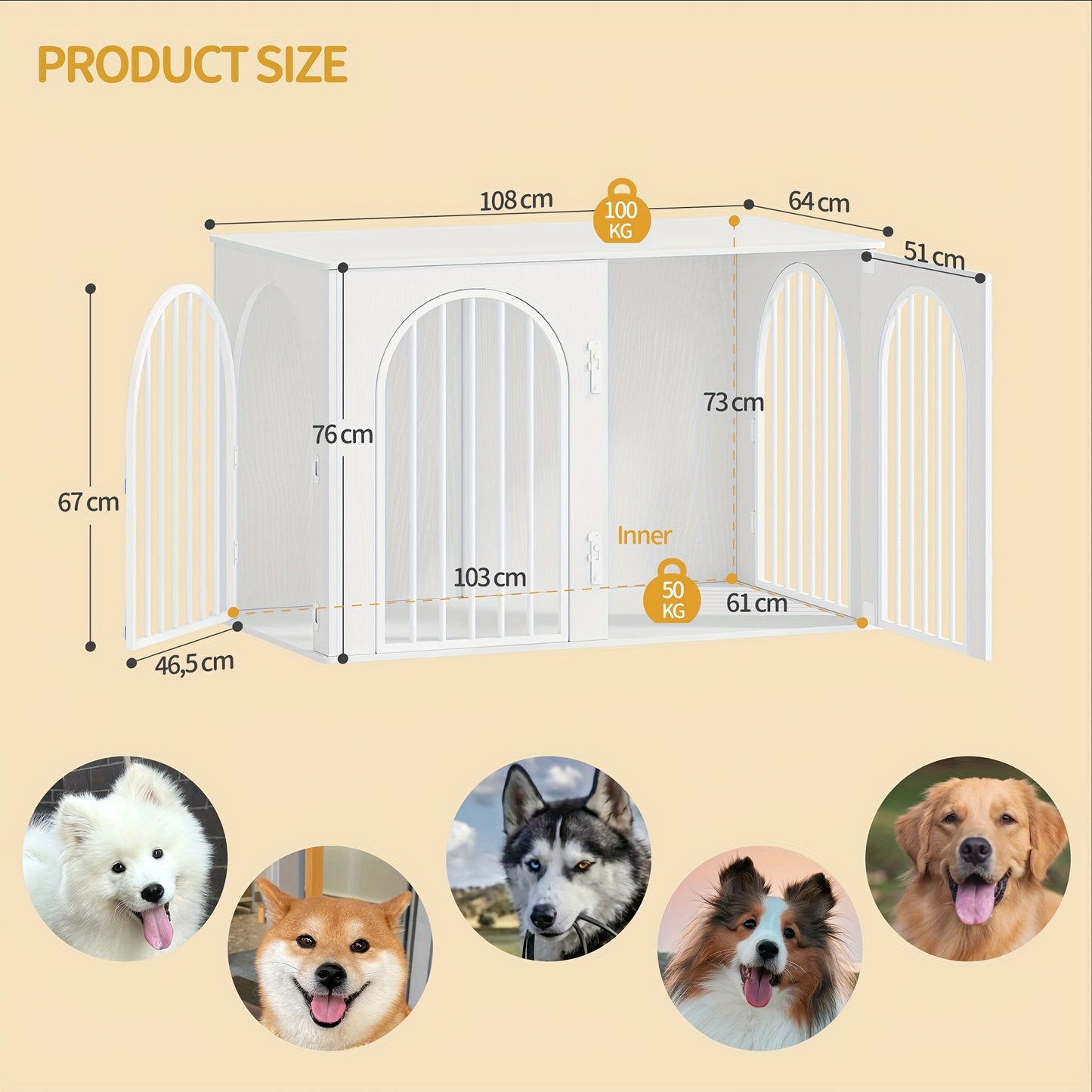 Hondenbench – Hondenkooi – Hondenhok – Dierenkooi – Hondenhuis – 3 Deuren & Gebogen Deur – 108x64x76 cm Wit – Hout & Metaal – Sterk en Multifunctioneel
