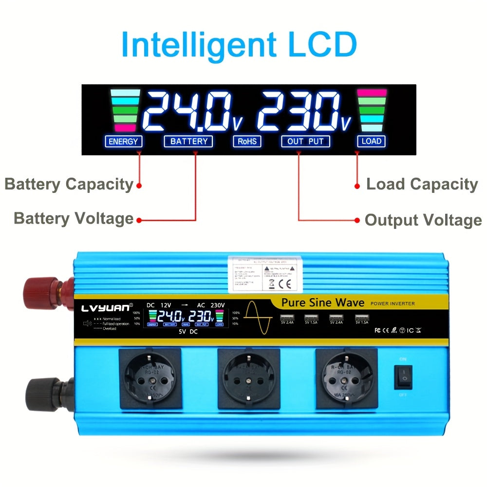 Spanningsomvormer – Omvormer – Inverter – Stroomomzetter – DC naar AC Converter – 3000W Continu Vermogen – Pure Sinusgolf met LCD Display